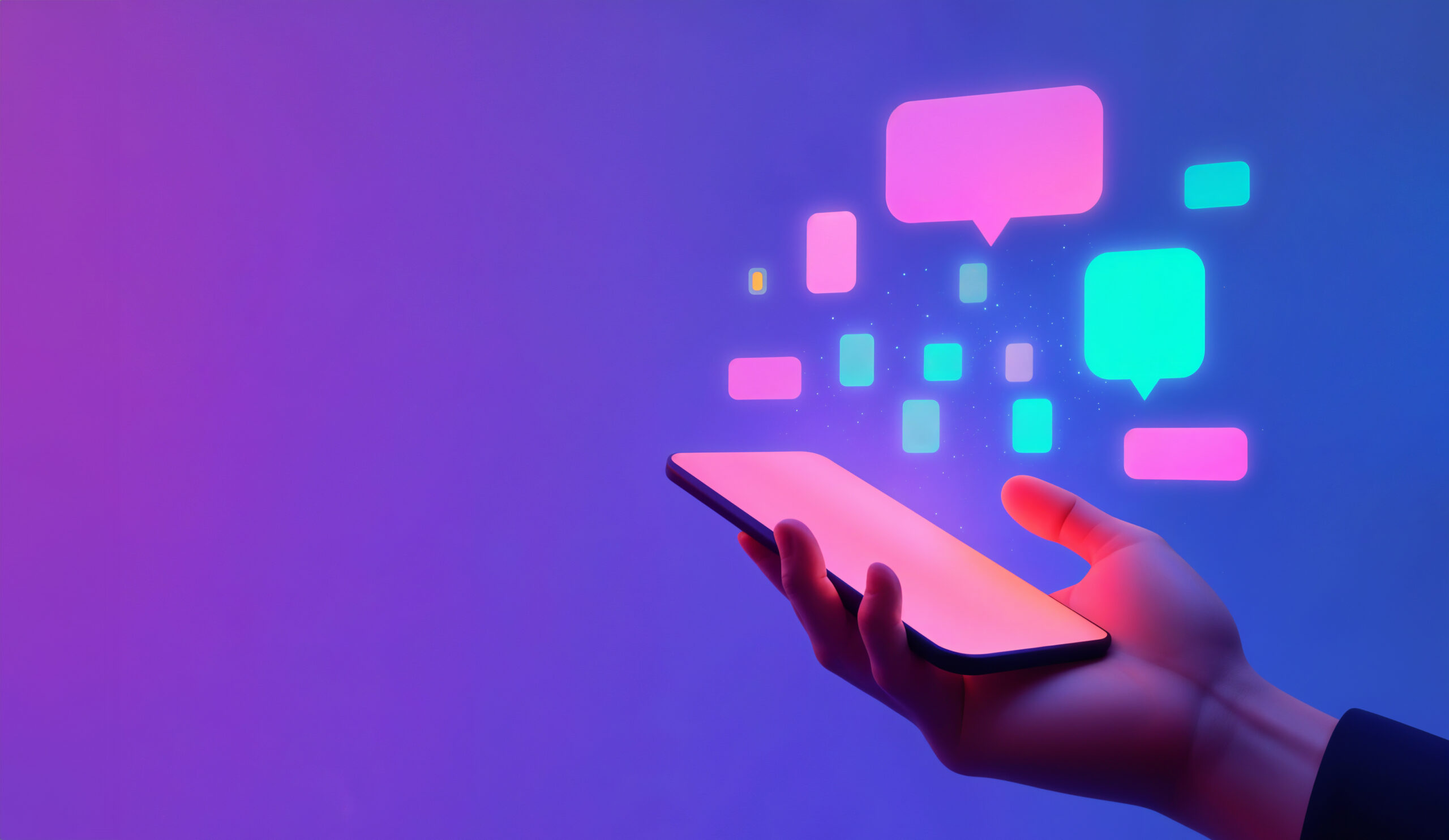 Main qui tient son téléphone cellulaire et qui consulte C.A.I.L., ton coach AI en vente, avec des bulles de messages textes envoyés et reçus.